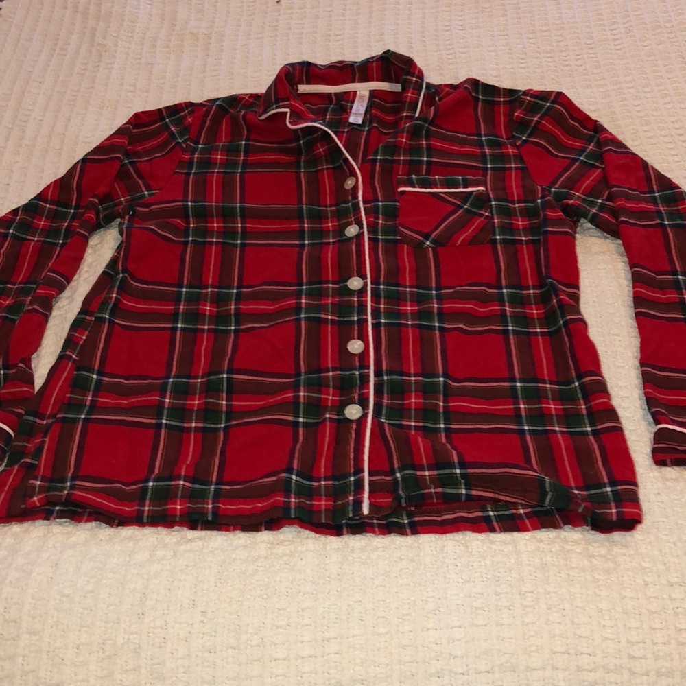 Green/red plaid pajama shirt
